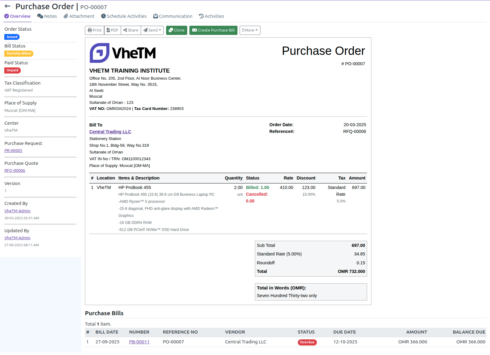 VheTM Purchase Order and Vendor Management Interface displaying itemized supplier orders, bill status, and approvals