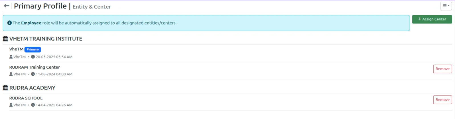 VheTM User Multiple Entity and Center Assignment