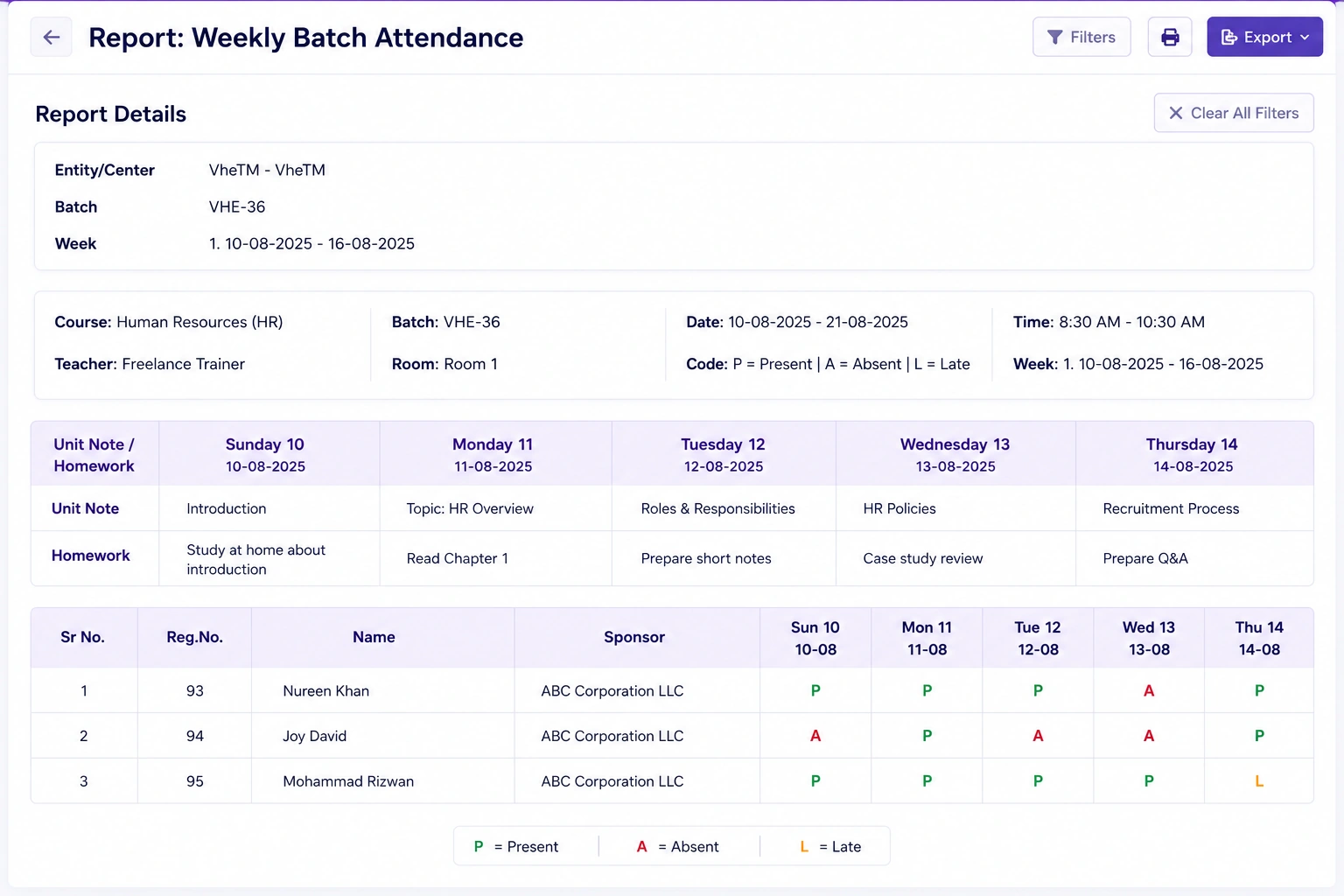 VheTM Batch Weekly Attendance Report showing student percentage matrices, session statuses, and completion thresholds