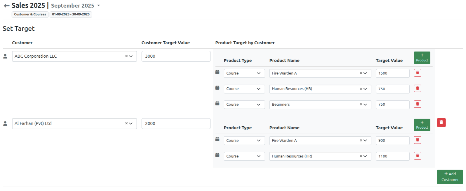 Customer target configuration console with course