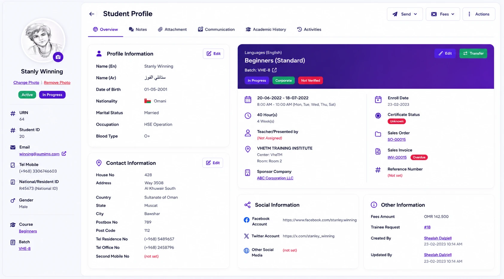 VheTM learner profile view — full student dashboard with contact details, enrolled courses, batches, invoices, and certificates