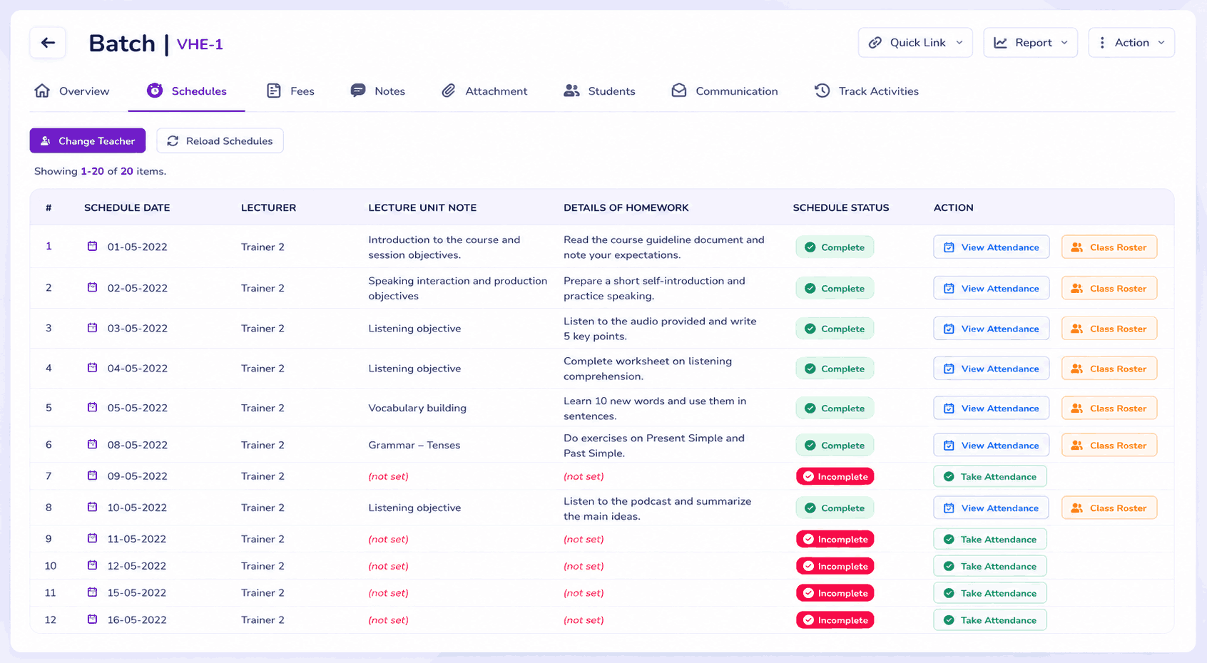 VheTM batch scheduling — multi-session dates, lecturer assignments, lecture notes, and attendance status per session