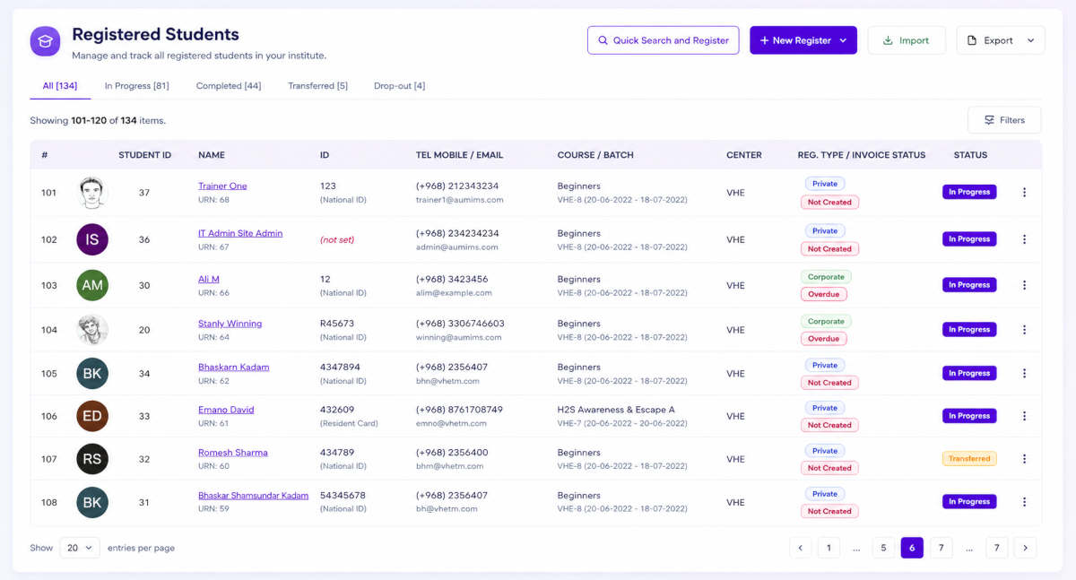 VheTM registered learners list — showing learner ID, name, course, batch, registration type, and invoice status