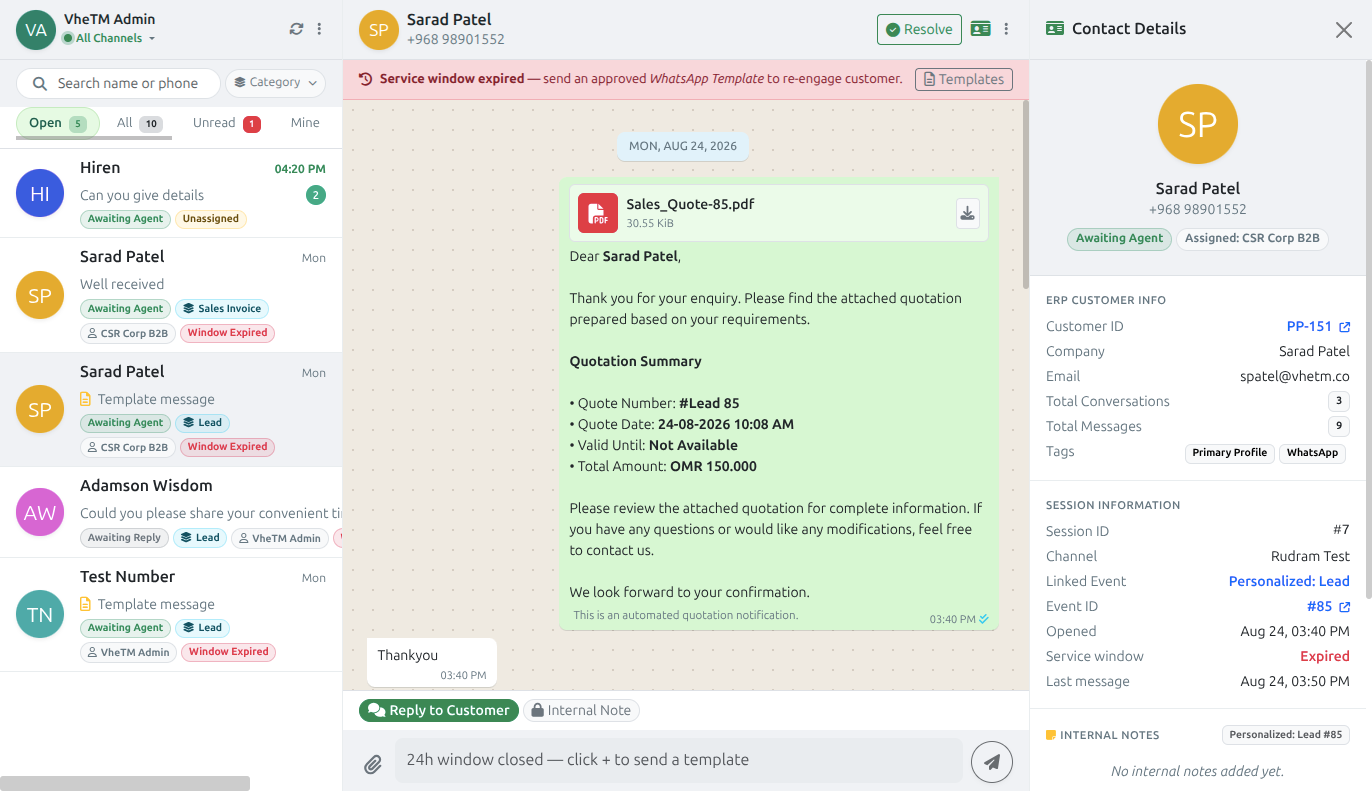 VheTM WhatsApp Agent Desk — Real-time messaging console and quick replies