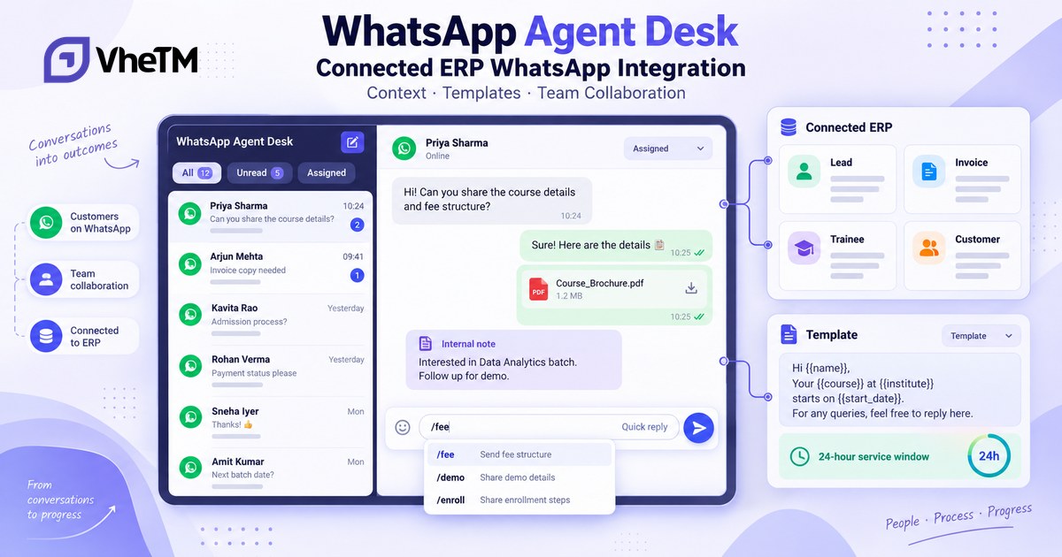 VheTM WhatsApp Agent Desk interface with ERP lead session linking