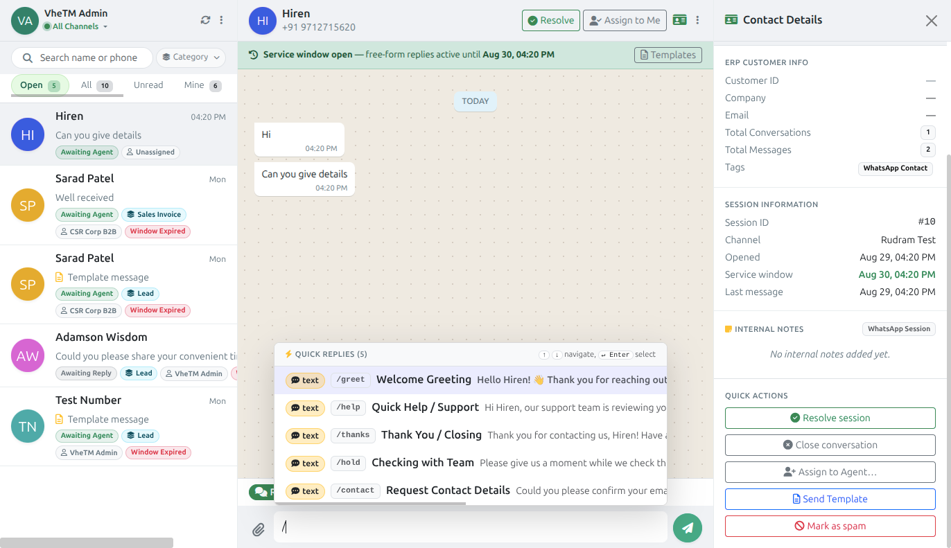 Typing slash to access quick replies with autocomplete and categorization in VheTM Agent Desk