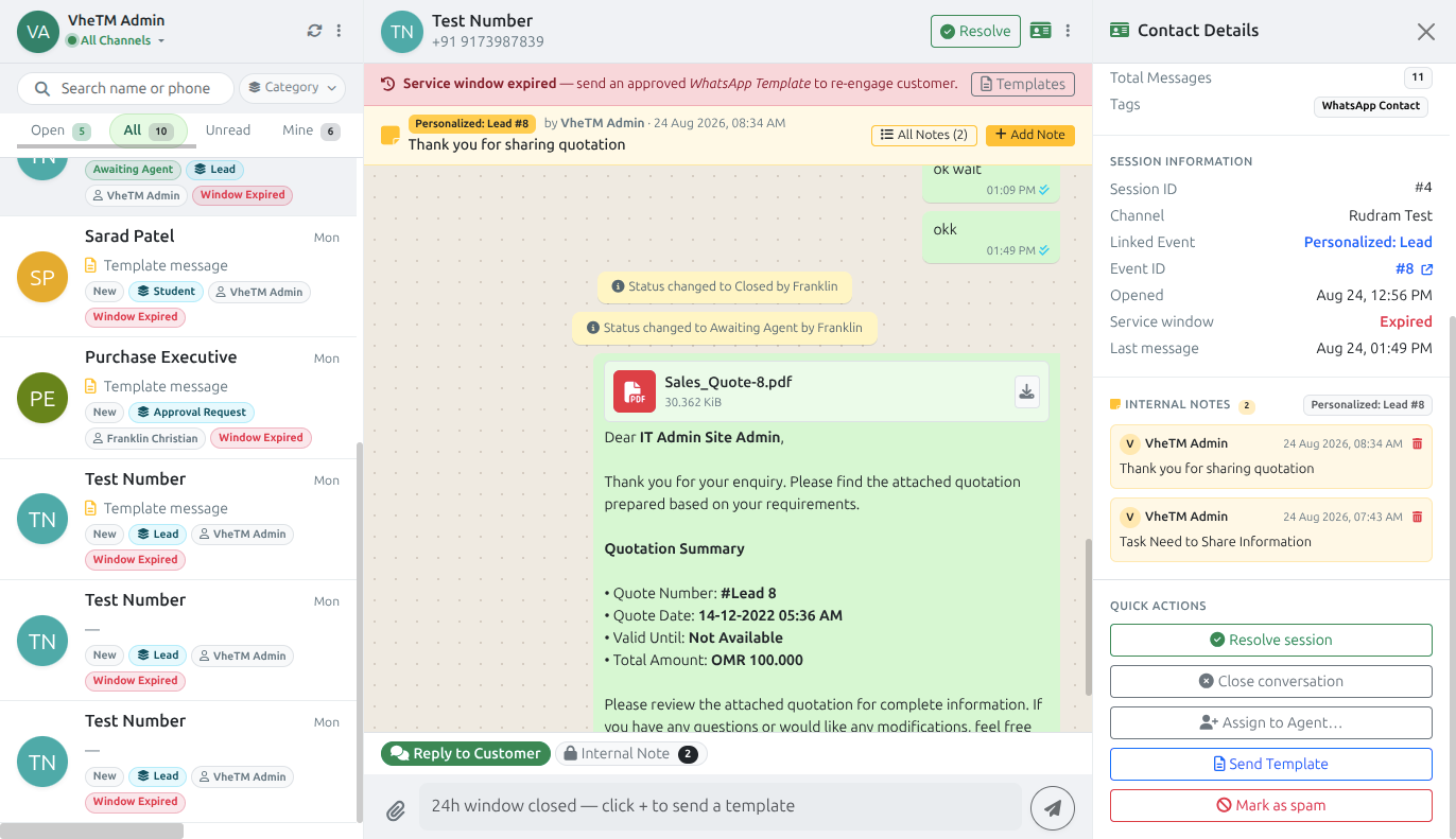 WhatsApp Agent Desk showing real-time CRM lead linking and contextual details panel